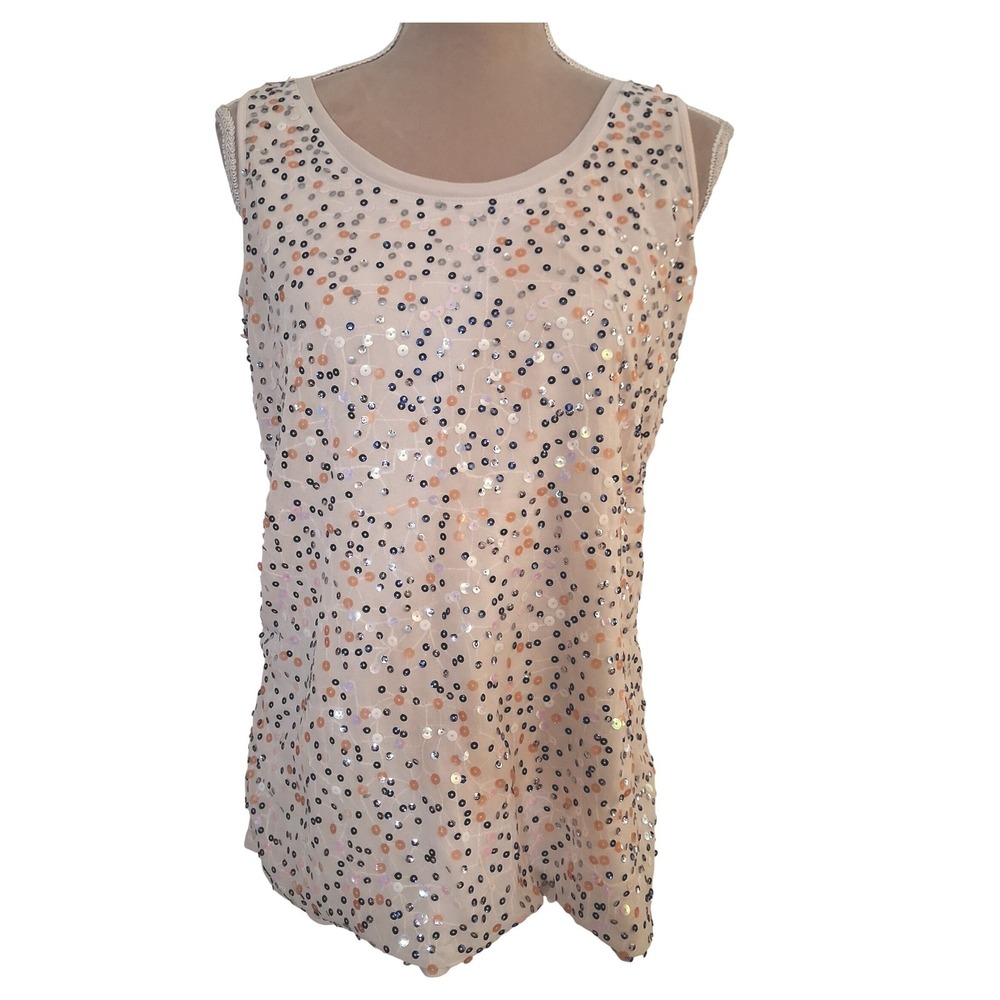 Stylus Womens Large Cream Sequin Sleeveless Top Scoop Neck Tank Festival Glam